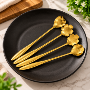 Premium Golden Flower Design Spoon Set – 4 Pieces | Elegant Kitchen & Tableware Set