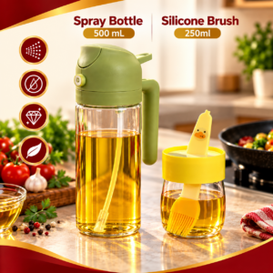 2-in-1 Oil Dispenser Bottle with Silicone Brush Set | 500ml Oil Bottle + 250ml Silicone Brush Jar | Food Grade Kitchen Cooking Tool